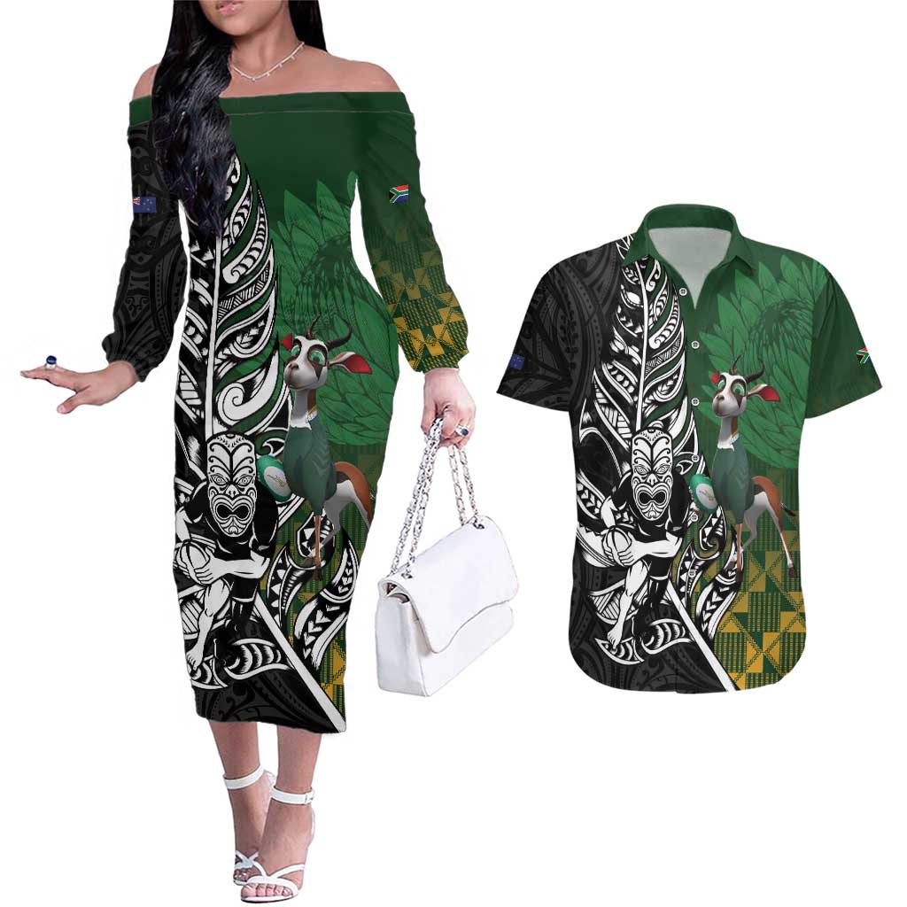 New Zealand and South Africa Rugby Custom Couples Matching Off The Shoulder Long Sleeve Dress and Hawaiian Shirt Maori Tiki Fern Springboks Kente Pattern - Polynesian Pride