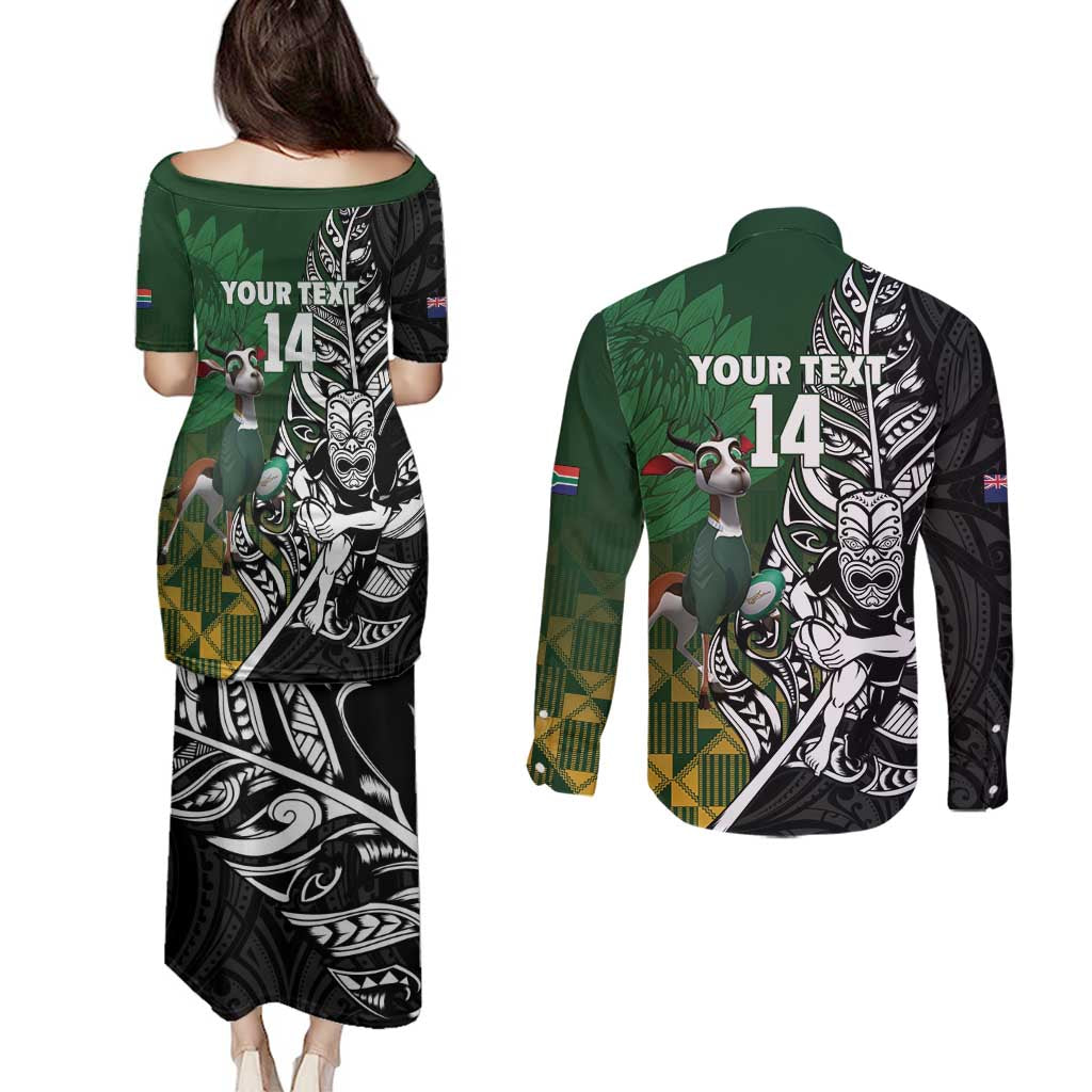 New Zealand and South Africa Rugby Custom Couples Matching Puletasi and Long Sleeve Button Shirt Maori Tiki Fern Springboks Kente Pattern - Polynesian Pride