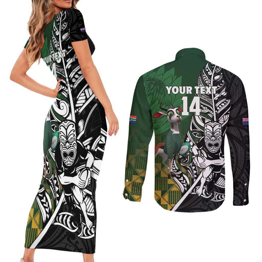 New Zealand and South Africa Rugby Custom Couples Matching Short Sleeve Bodycon Dress and Long Sleeve Button Shirt Maori Tiki Fern Springboks Kente Pattern - Polynesian Pride