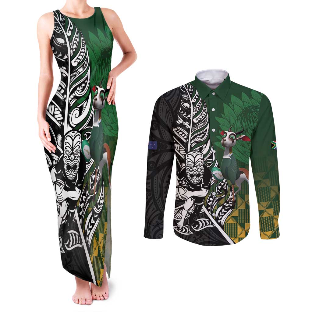 New Zealand and South Africa Rugby Custom Couples Matching Tank Maxi Dress and Long Sleeve Button Shirt Maori Tiki Fern Springboks Kente Pattern - Polynesian Pride