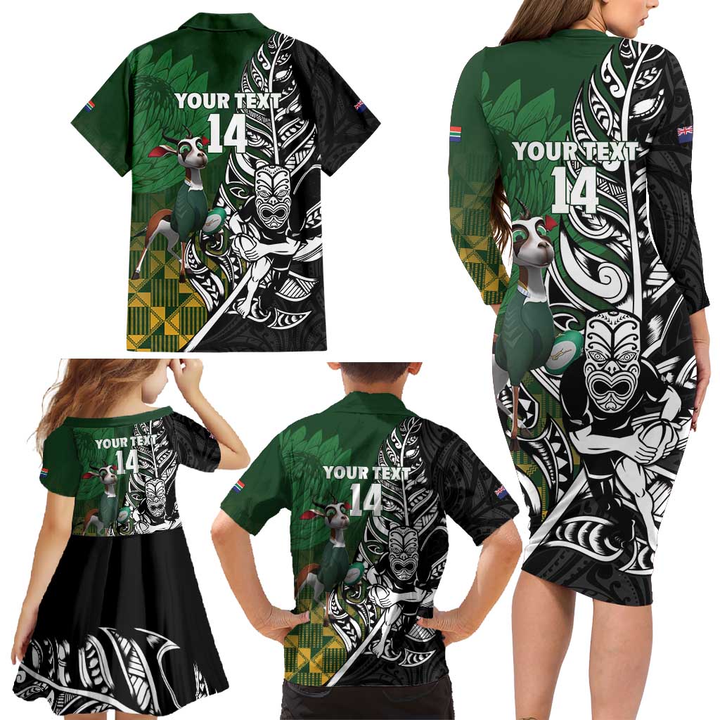 New Zealand and South Africa Rugby Custom Family Matching Long Sleeve Bodycon Dress and Hawaiian Shirt Maori Tiki Fern Springboks Kente Pattern - Polynesian Pride