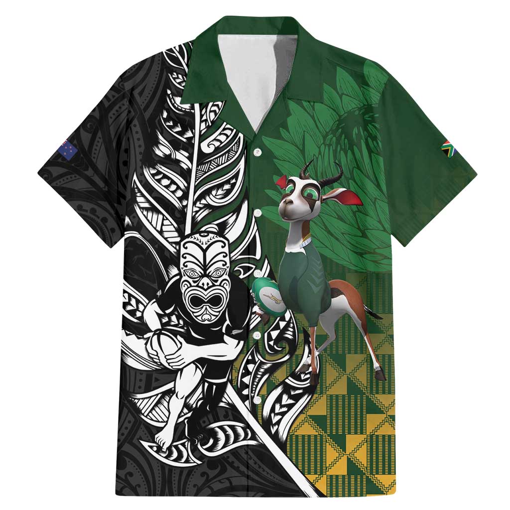 New Zealand and South Africa Rugby Custom Family Matching Mermaid Dress and Hawaiian Shirt Maori Tiki Fern Springboks Kente Pattern - Polynesian Pride