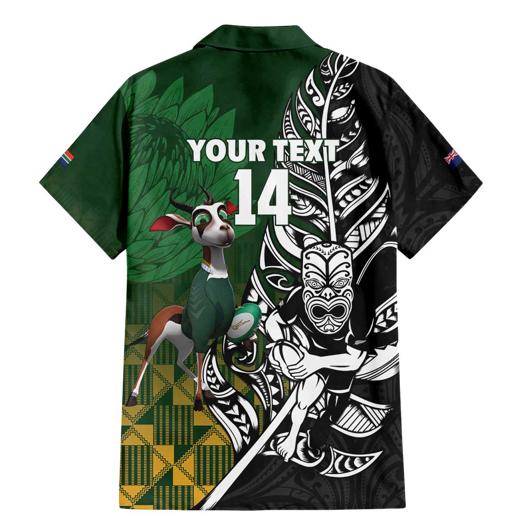 New Zealand and South Africa Rugby Custom Family Matching Mermaid Dress and Hawaiian Shirt Maori Tiki Fern Springboks Kente Pattern - Polynesian Pride