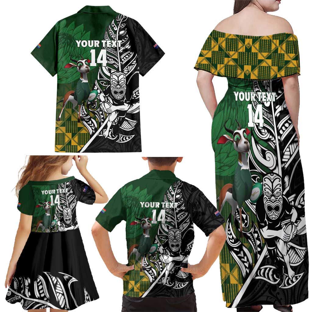New Zealand and South Africa Rugby Custom Family Matching Off Shoulder Maxi Dress and Hawaiian Shirt Maori Tiki Fern Springboks Kente Pattern - Polynesian Pride