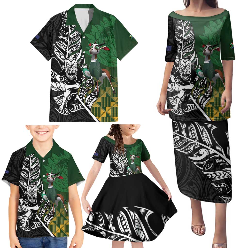 New Zealand and South Africa Rugby Custom Family Matching Puletasi and Hawaiian Shirt Maori Tiki Fern Springboks Kente Pattern - Polynesian Pride