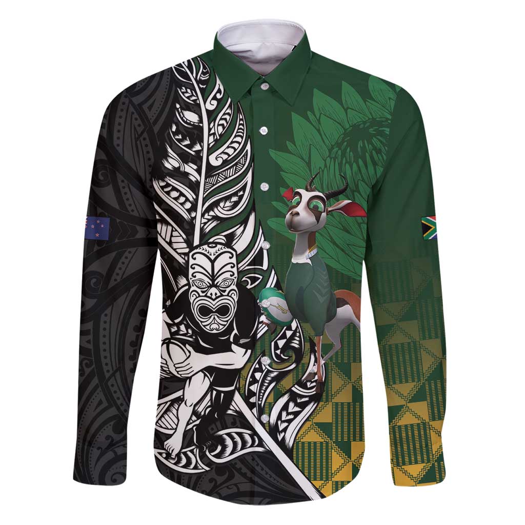New Zealand and South Africa Rugby Custom Family Matching Puletasi and Hawaiian Shirt Maori Tiki Fern Springboks Kente Pattern - Polynesian Pride