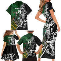 New Zealand and South Africa Rugby Custom Family Matching Short Sleeve Bodycon Dress and Hawaiian Shirt Maori Tiki Fern Springboks Kente Pattern - Polynesian Pride