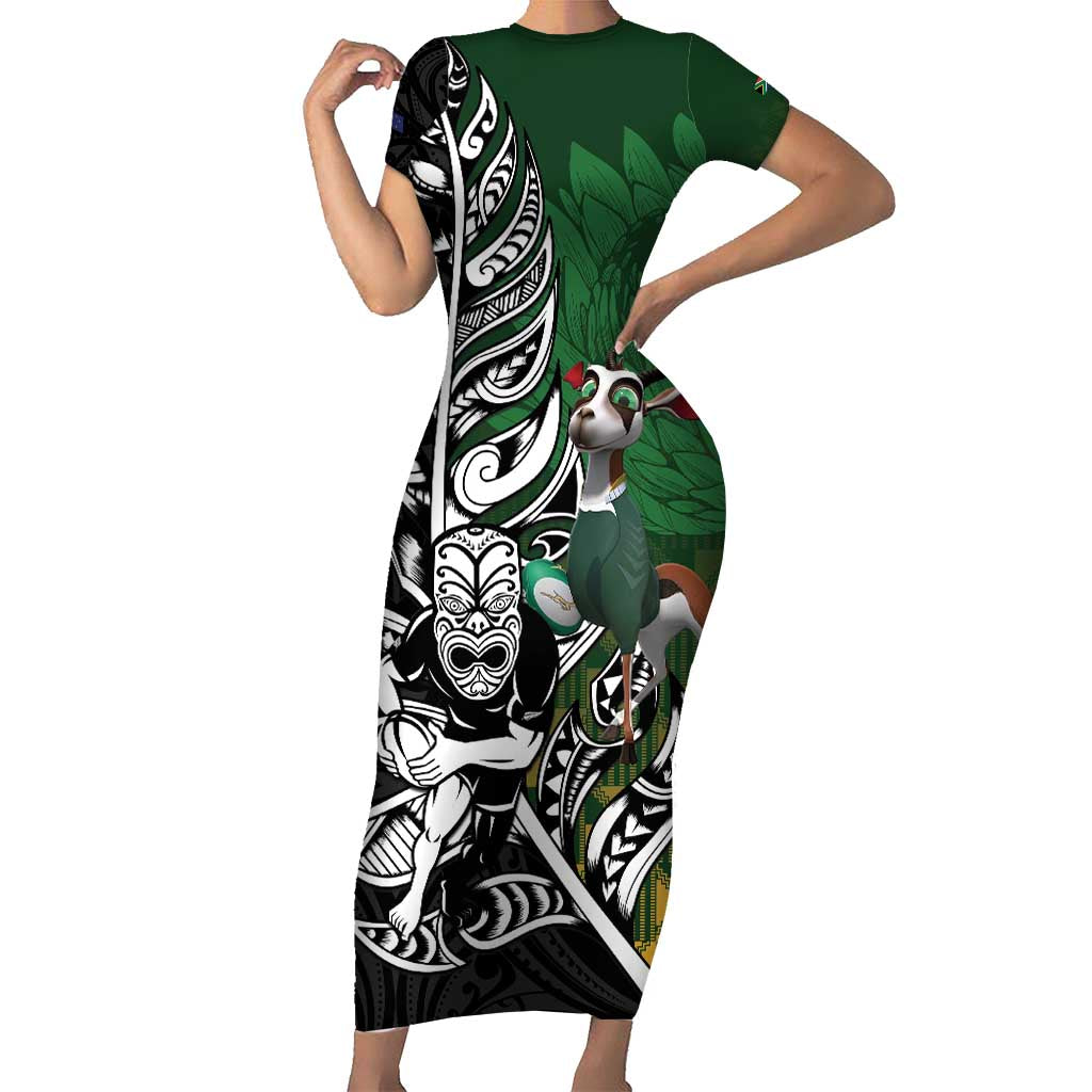New Zealand and South Africa Rugby Custom Family Matching Short Sleeve Bodycon Dress and Hawaiian Shirt Maori Tiki Fern Springboks Kente Pattern - Polynesian Pride