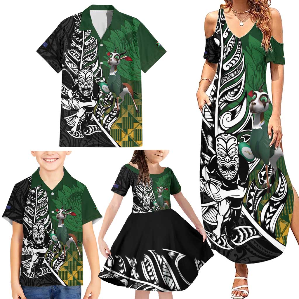New Zealand and South Africa Rugby Custom Family Matching Summer Maxi Dress and Hawaiian Shirt Maori Tiki Fern Springboks Kente Pattern - Polynesian Pride