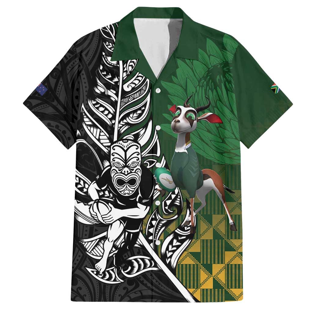 New Zealand and South Africa Rugby Custom Family Matching Tank Maxi Dress and Hawaiian Shirt Maori Tiki Fern Springboks Kente Pattern - Polynesian Pride