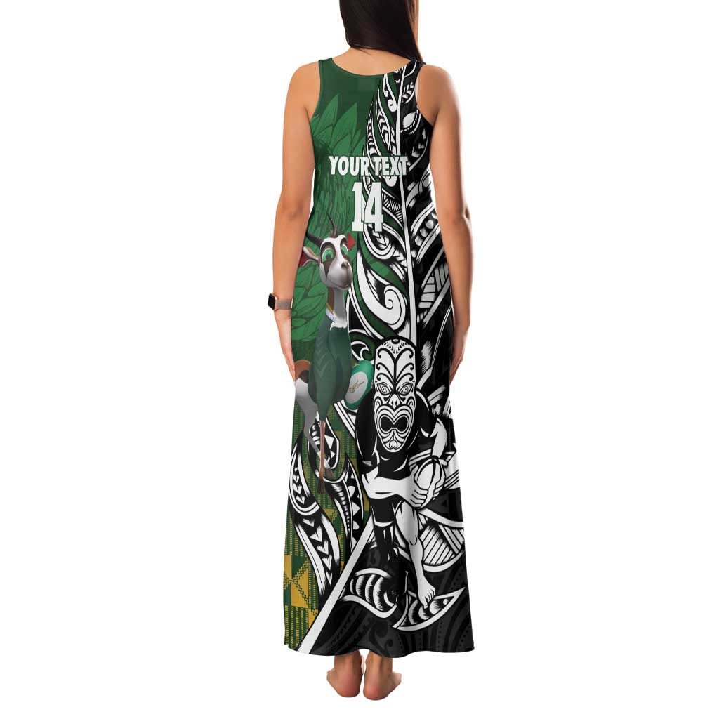 New Zealand and South Africa Rugby Custom Family Matching Tank Maxi Dress and Hawaiian Shirt Maori Tiki Fern Springboks Kente Pattern - Polynesian Pride