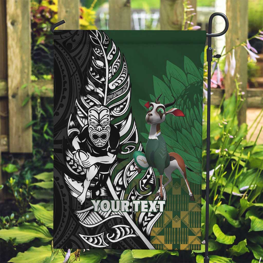 New Zealand and South Africa Rugby Custom Garden Flag Maori Tiki Fern Springboks Kente Pattern - Polynesian Pride