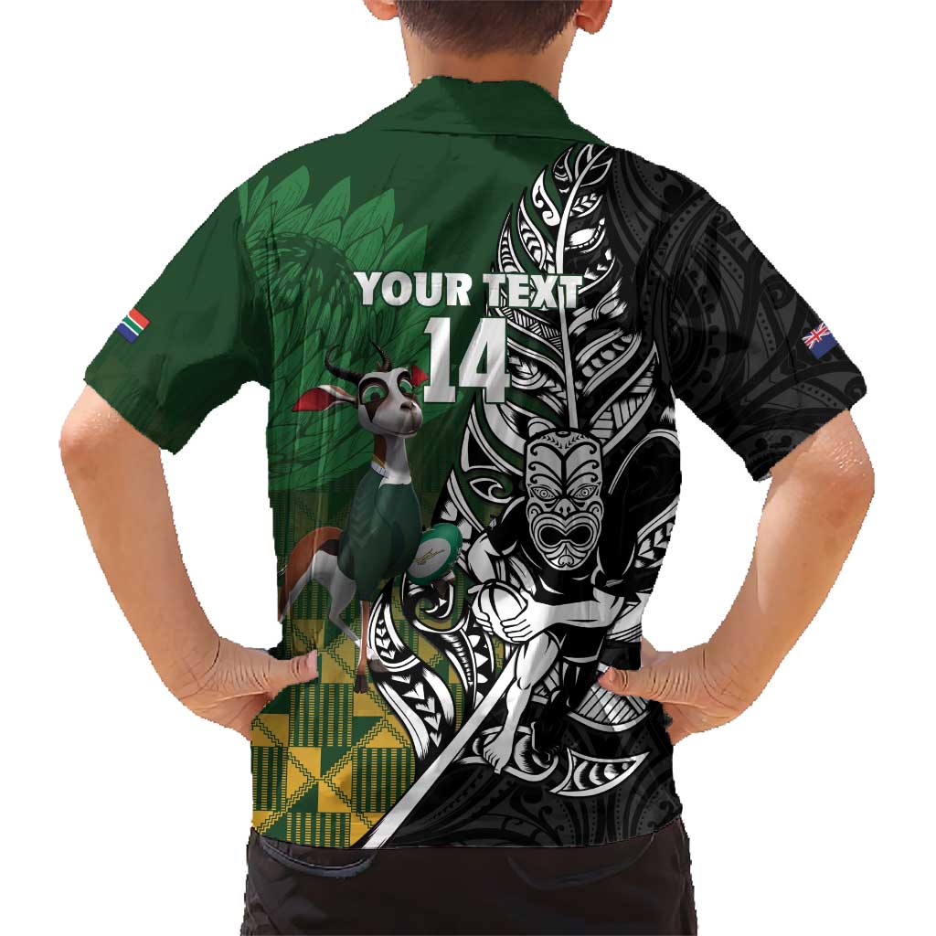 New Zealand and South Africa Rugby Custom Kid Hawaiian Shirt Maori Tiki Fern Springboks Kente Pattern - Polynesian Pride