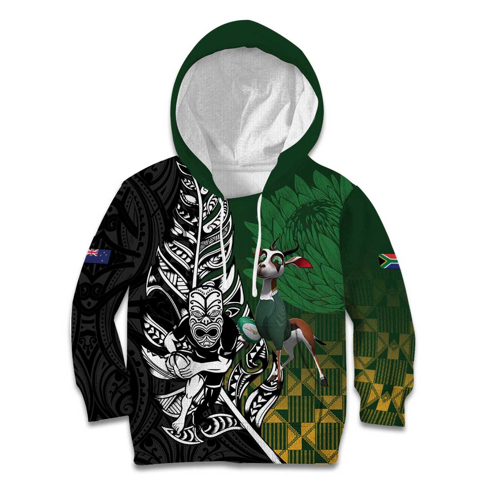 New Zealand and South Africa Rugby Custom Kid Hoodie Maori Tiki Fern Springboks Kente Pattern - Polynesian Pride