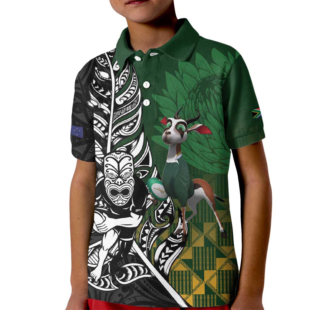 New Zealand and South Africa Rugby Custom Kid Polo Shirt Maori Tiki Fern Springboks Kente Pattern LT14 Kid Green - Polynesian Pride