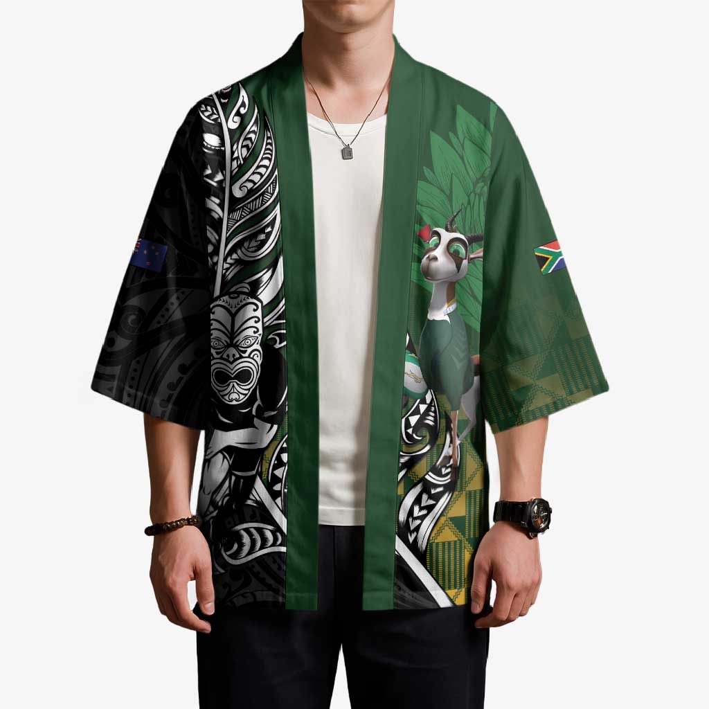 New Zealand and South Africa Rugby Custom Kimono Maori Tiki Fern Springboks Kente Pattern - Polynesian Pride