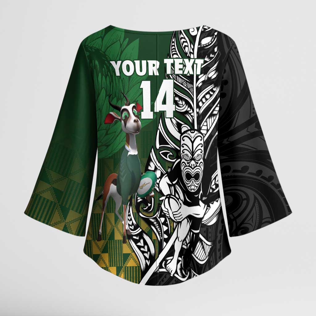 New Zealand and South Africa Rugby Custom Kimono Sleeve Blouse Maori Tiki Fern Springboks Kente Pattern - Polynesian Pride
