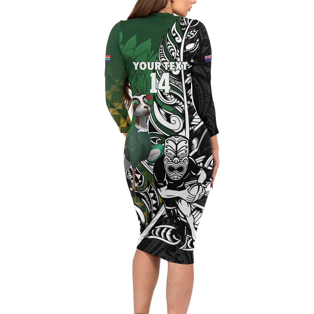 New Zealand and South Africa Rugby Custom Long Sleeve Bodycon Dress Maori Tiki Fern Springboks Kente Pattern LT14 - Polynesian Pride