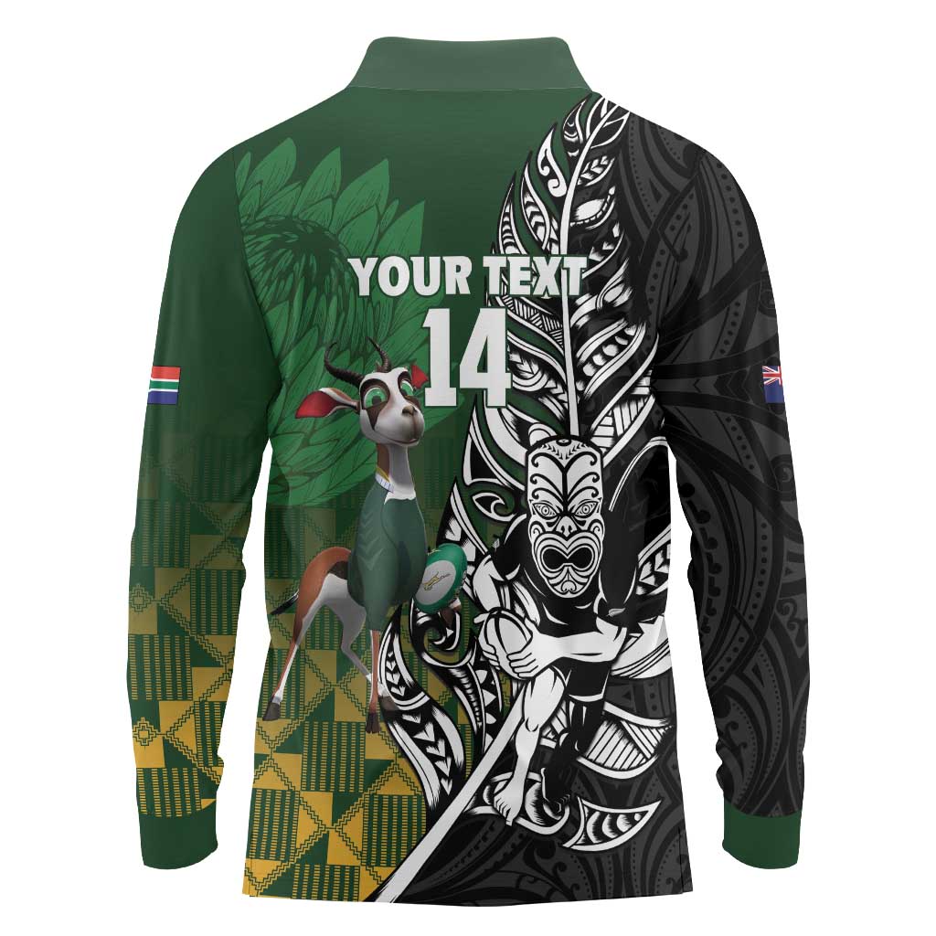 New Zealand and South Africa Rugby Custom Long Sleeve Polo Shirt Maori Tiki Fern Springboks Kente Pattern - Polynesian Pride