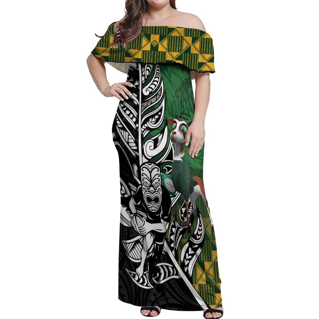New Zealand and South Africa Rugby Custom Off Shoulder Maxi Dress Maori Tiki Fern Springboks Kente Pattern - Polynesian Pride