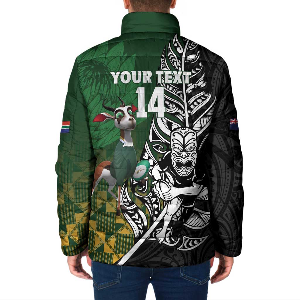 New Zealand and South Africa Rugby Custom Padded Jacket Maori Tiki Fern Springboks Kente Pattern - Polynesian Pride