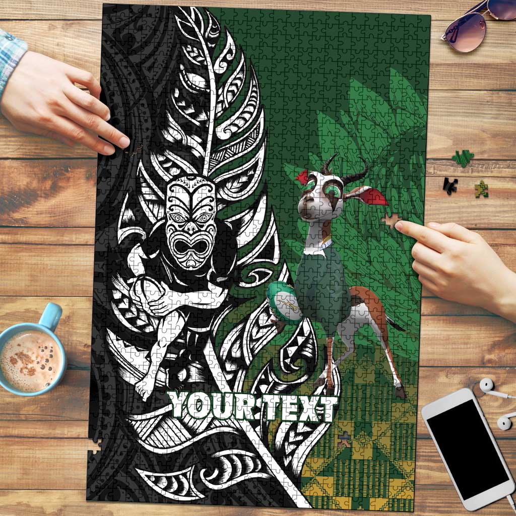 New Zealand and South Africa Rugby Custom Puzzle Maori Tiki Fern Springboks Kente Pattern - Polynesian Pride