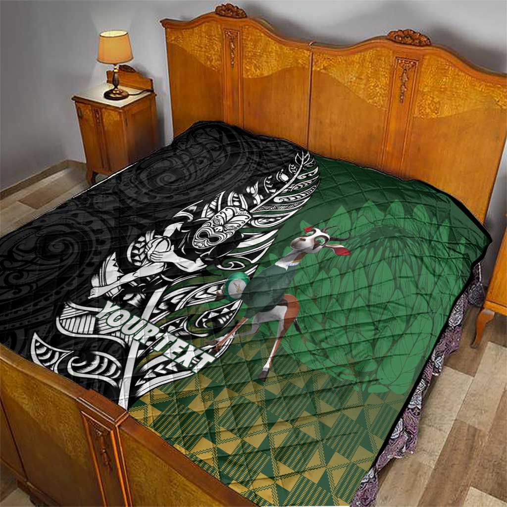 New Zealand and South Africa Rugby Custom Quilt Maori Tiki Fern Springboks Kente Pattern - Polynesian Pride