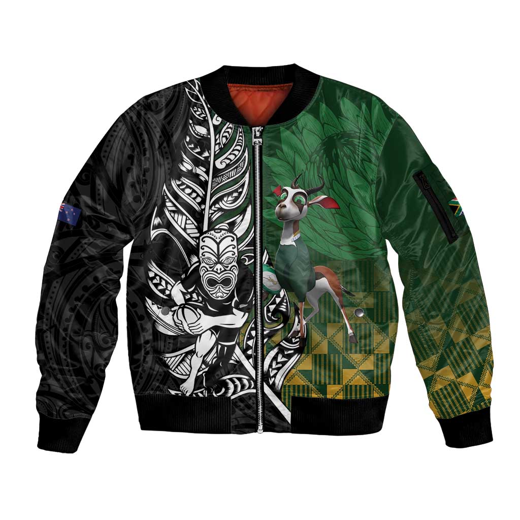 New Zealand and South Africa Rugby Custom Sleeve Zip Bomber Jacket Maori Tiki Fern Springboks Kente Pattern LT14 Unisex Green - Polynesian Pride