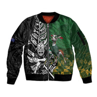 New Zealand and South Africa Rugby Custom Sleeve Zip Bomber Jacket Maori Tiki Fern Springboks Kente Pattern LT14 Unisex Green - Polynesian Pride