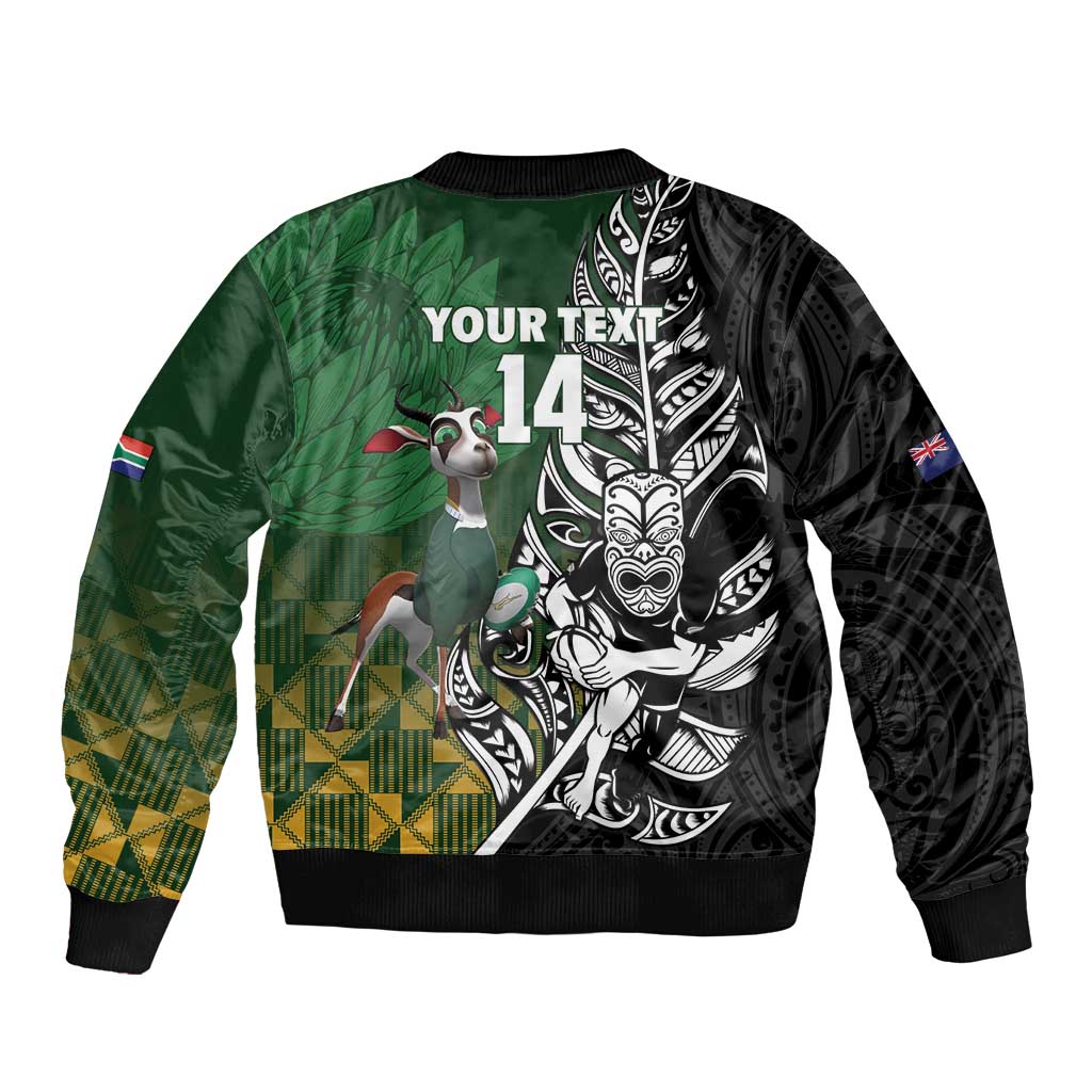 New Zealand and South Africa Rugby Custom Sleeve Zip Bomber Jacket Maori Tiki Fern Springboks Kente Pattern LT14 - Polynesian Pride