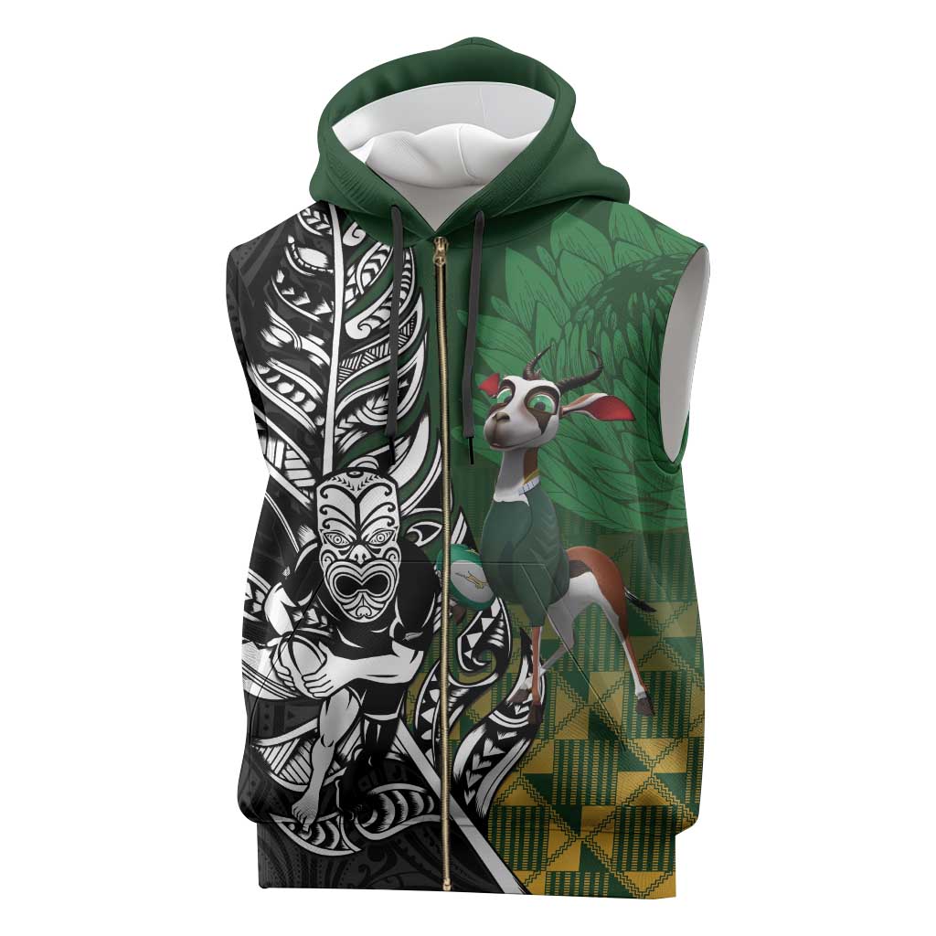 New Zealand and South Africa Rugby Custom Sleeveless Zip Hoodie Maori Tiki Fern Springboks Kente Pattern - Polynesian Pride