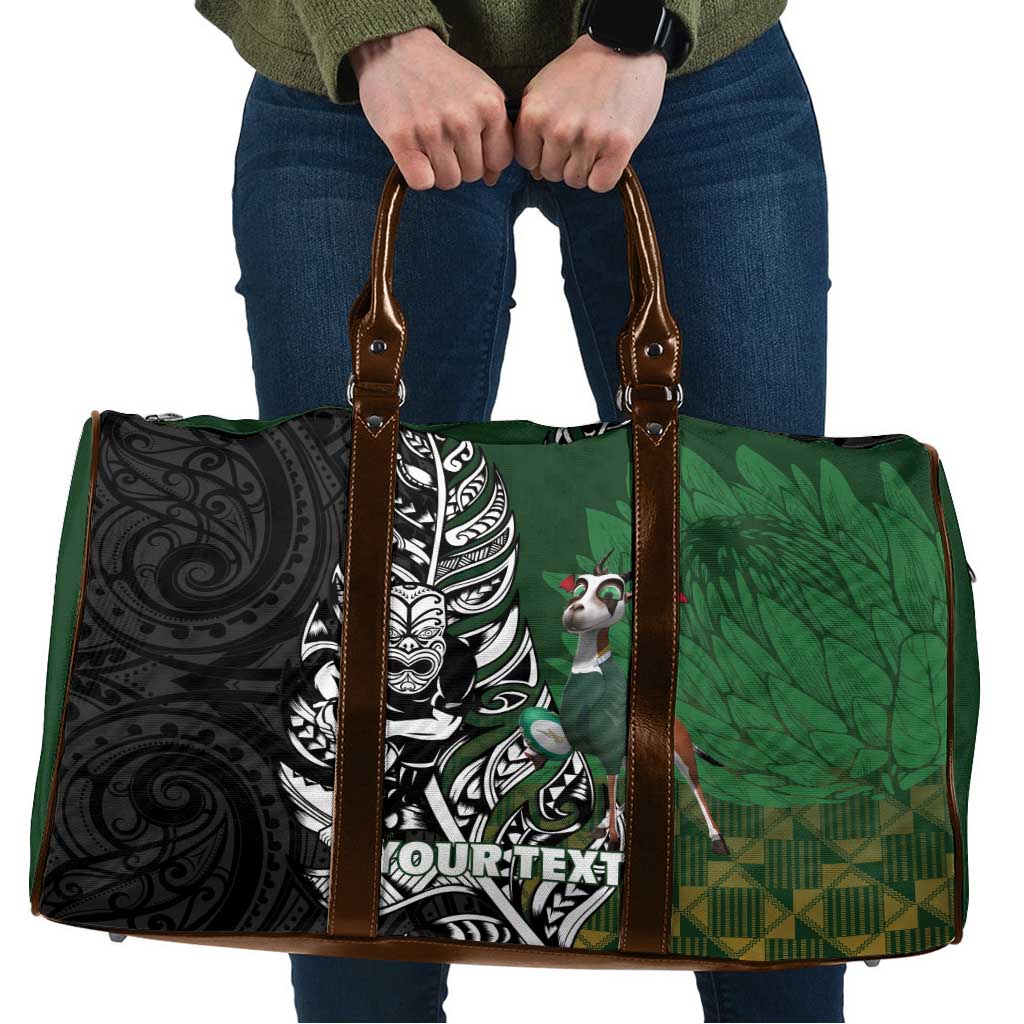 New Zealand and South Africa Rugby Custom Travel Bag Maori Tiki Fern Springboks Kente Pattern - Polynesian Pride