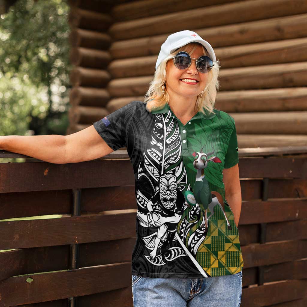 New Zealand and South Africa Rugby Custom Women Polo Shirt Maori Tiki Fern Springboks Kente Pattern - Polynesian Pride