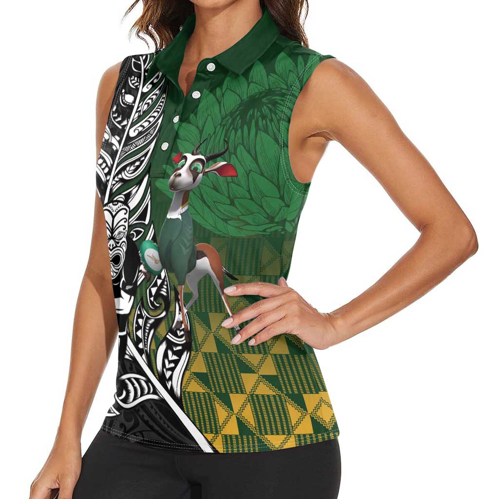 New Zealand and South Africa Rugby Custom Women Sleeveless Polo Shirt Maori Tiki Fern Springboks Kente Pattern - Polynesian Pride