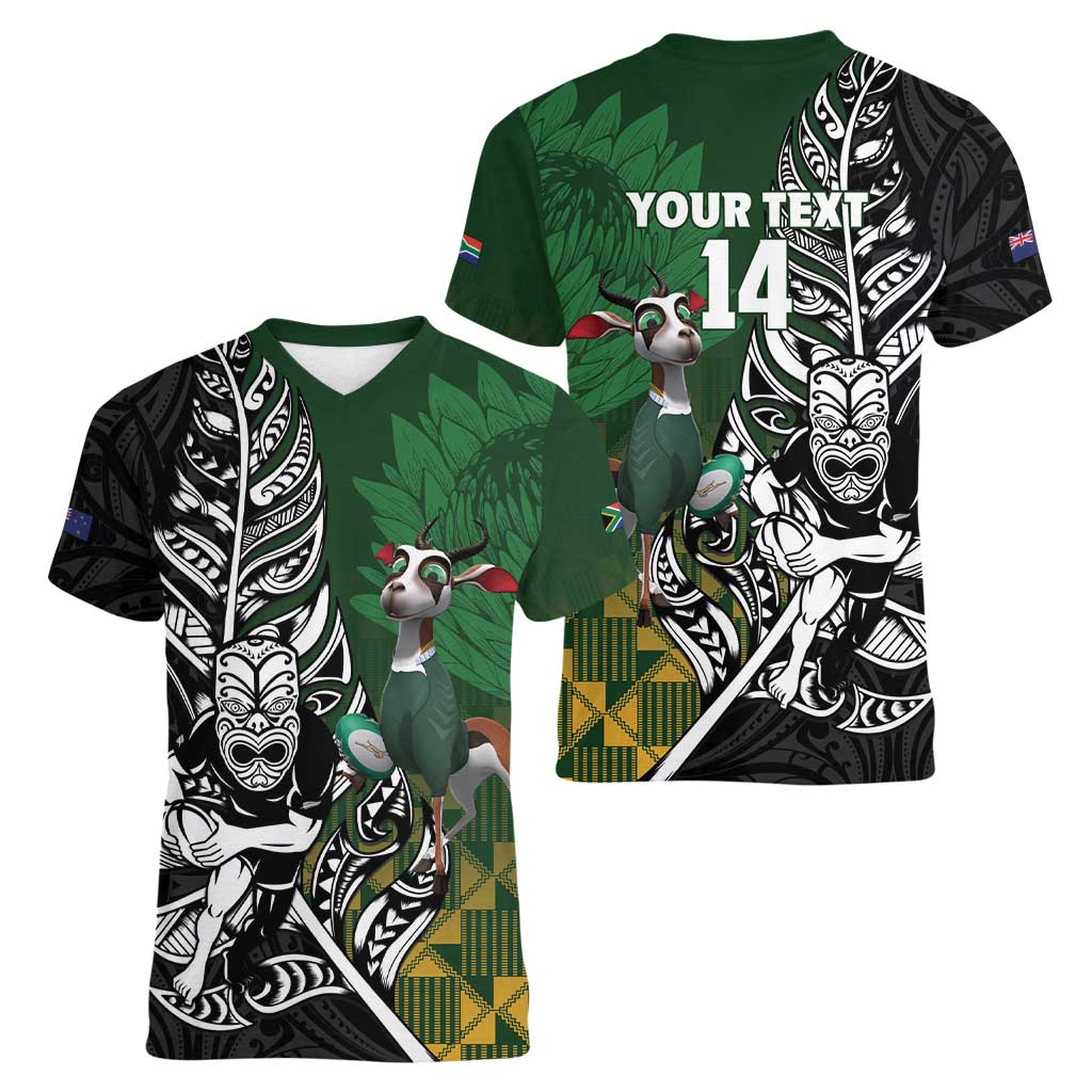 New Zealand and South Africa Rugby Custom Women V-Neck T-Shirt Maori Tiki Fern Springboks Kente Pattern LT14 - Polynesian Pride