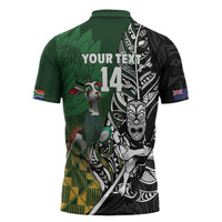 New Zealand and South Africa Rugby Custom Zipper Polo Shirt Maori Tiki Fern Springboks Kente Pattern - Polynesian Pride