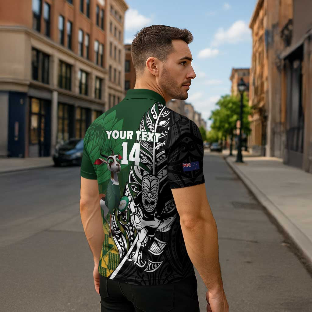 New Zealand and South Africa Rugby Custom Zipper Polo Shirt Maori Tiki Fern Springboks Kente Pattern - Polynesian Pride