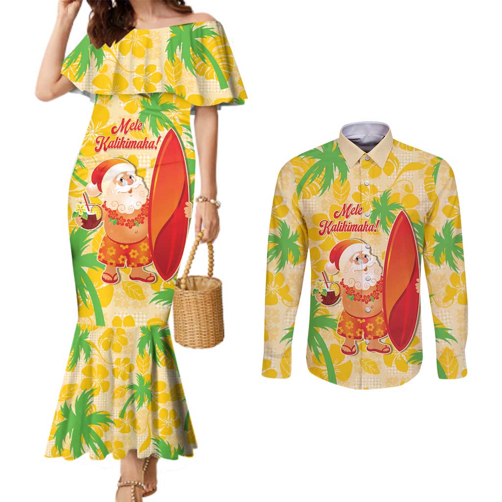 Aloha Hawaii Christmas Couples Matching Mermaid Dress and Long Sleeve Button Shirt Mele Kalikimaka Funny Santa Palaka Quilt Motifs - Polynesian Pride
