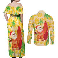 Aloha Hawaii Christmas Couples Matching Off Shoulder Maxi Dress and Long Sleeve Button Shirt Mele Kalikimaka Funny Santa Palaka Quilt Motifs - Polynesian Pride