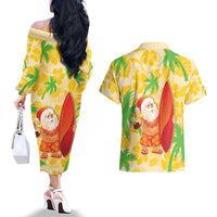 Aloha Hawaii Christmas Couples Matching Off The Shoulder Long Sleeve Dress and Hawaiian Shirt Mele Kalikimaka Funny Santa Palaka Quilt Motifs - Polynesian Pride