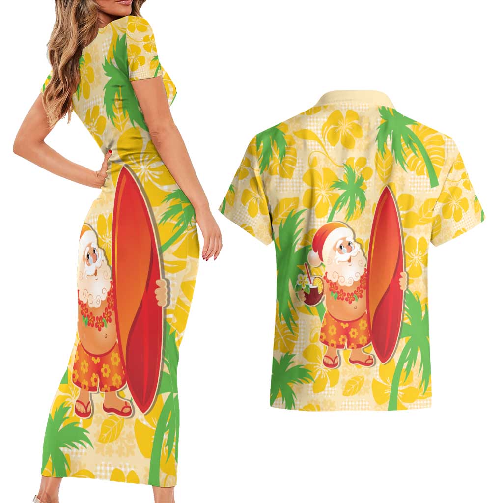 Aloha Hawaii Christmas Couples Matching Short Sleeve Bodycon Dress and Hawaiian Shirt Mele Kalikimaka Funny Santa Palaka Quilt Motifs - Polynesian Pride