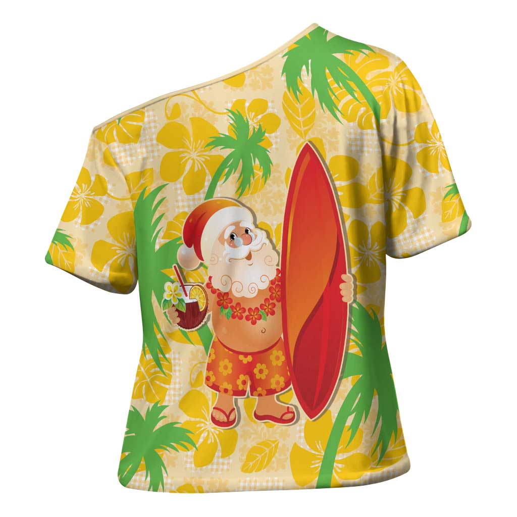 Aloha Hawaii Christmas Cross Shoulder Shirt Mele Kalikimaka Funny Santa Palaka Quilt Motifs - Polynesian Pride
