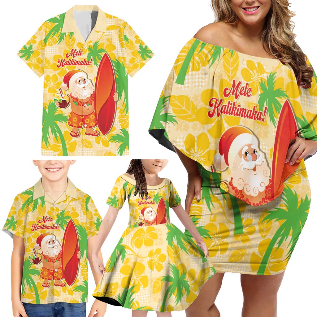 Aloha Hawaii Christmas Family Matching Off Shoulder Short Dress and Hawaiian Shirt Mele Kalikimaka Funny Santa Palaka Quilt Motifs - Polynesian Pride