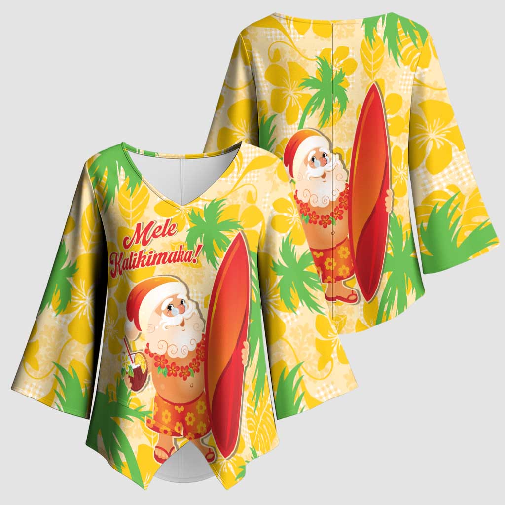 Aloha Hawaii Christmas Kimono Sleeve Blouse Mele Kalikimaka Funny Santa Palaka Quilt Motifs - Polynesian Pride