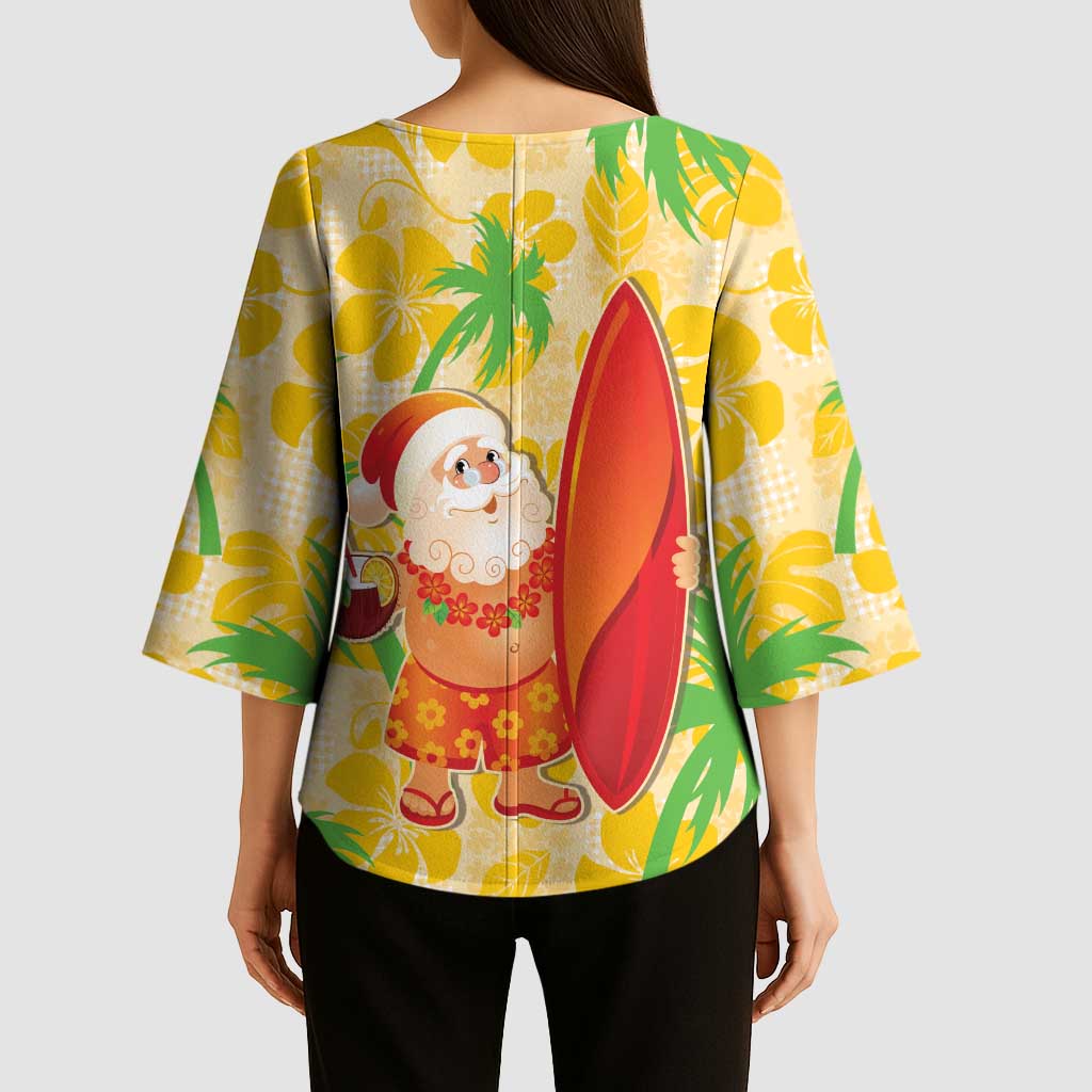 Aloha Hawaii Christmas Kimono Sleeve Blouse Mele Kalikimaka Funny Santa Palaka Quilt Motifs - Polynesian Pride