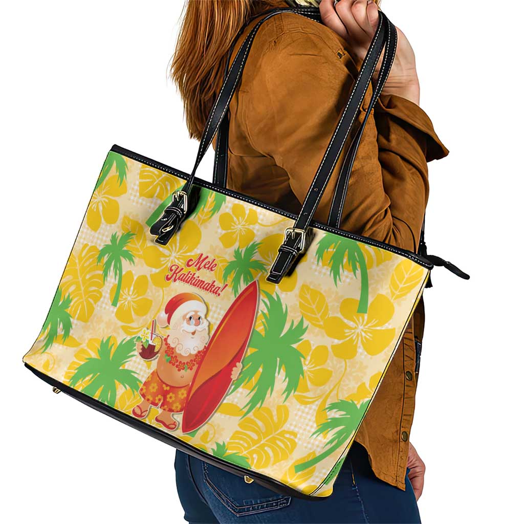 Aloha Hawaii Christmas Leather Tote Bag Mele Kalikimaka Funny Santa Palaka Quilt Motifs - Polynesian Pride