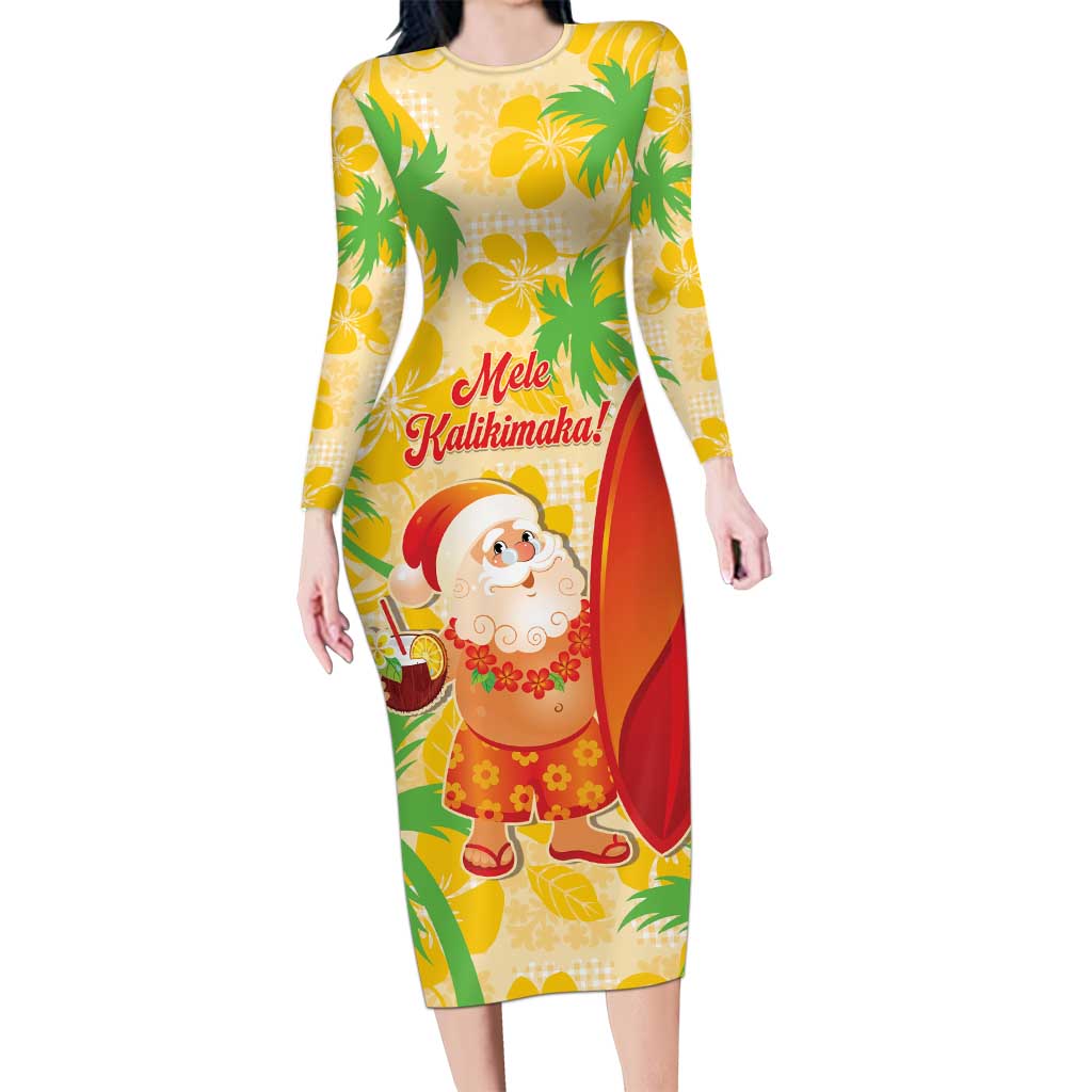 Aloha Hawaii Christmas Long Sleeve Bodycon Dress Mele Kalikimaka Funny Santa Palaka Quilt Motifs - Polynesian Pride