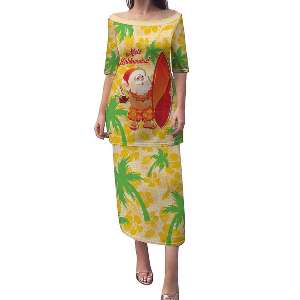 Aloha Hawaii Christmas Puletasi Mele Kalikimaka Funny Santa Palaka Quilt Motifs LT14 Long Dress Yellow - Polynesian Pride