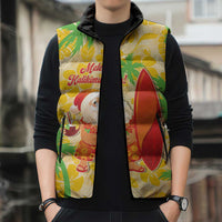 Aloha Hawaii Christmas Sleeveless Puffer Jacket Mele Kalikimaka Funny Santa Palaka Quilt Motifs - Polynesian Pride