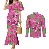 Aloha Hawaii Christmas Couples Matching Mermaid Dress and Long Sleeve Button Shirt Mele Kalikimaka Chill Flamingo Palaka Quilt Motifs - Polynesian Pride